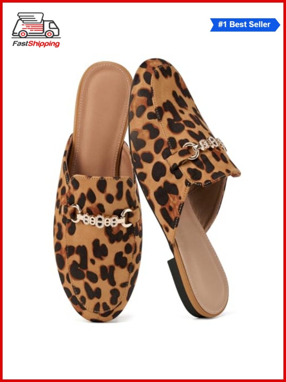 Faux Suede Mules Slip On Shoes with Crystal Buckle Low Heel Comfortable